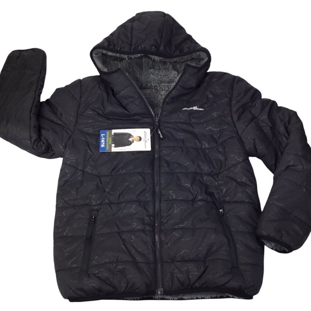 Eddie Bauer Kids NWT Reversible Youth Jacket Large 14/16 Black Gray Sherpa Hood